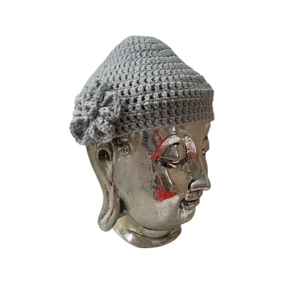 NWT Angela’s Designs handmade silver metallic crocheted hat with matching flower